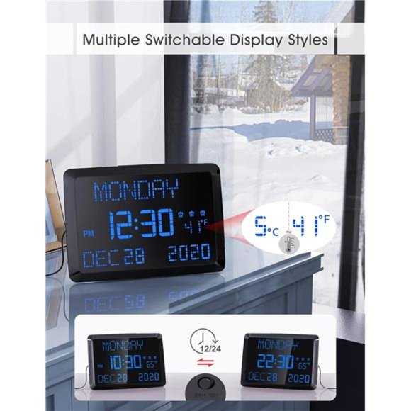 Digital Wall Clock, 11.5" Extra Large Display Calendar Alarm Day Clock with Date - Picture 2 of 6